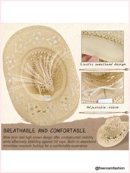 Straw Cowgirl Hat with Decorative Bands Wide Brim Sun Hat main image 4